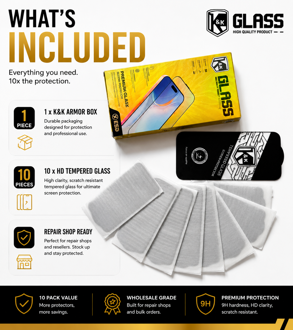 K&K Armor Premium HD Tempered Glass Screen Protector (10 Pack)