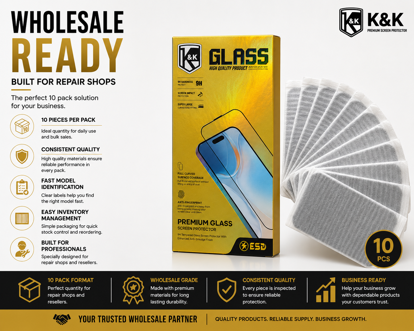 K&K Armor Premium HD Tempered Glass Screen Protector (10 Pack)