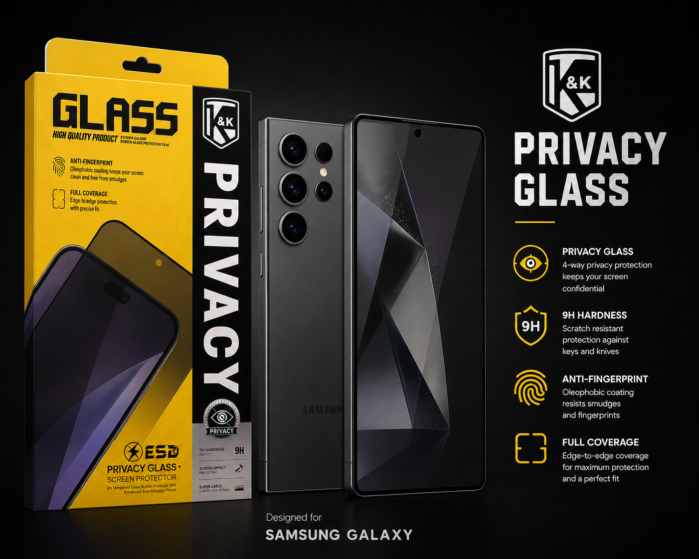 K&K Armor Privacy Tempered Glass Screen Protector for Samsung Galaxy
